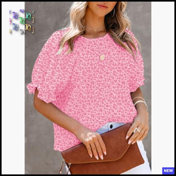 Floral Print Babydoll Blouse Smocked Puff Sleeve Crewneck Tunic Top Chic Casual - Picture 3 of 7